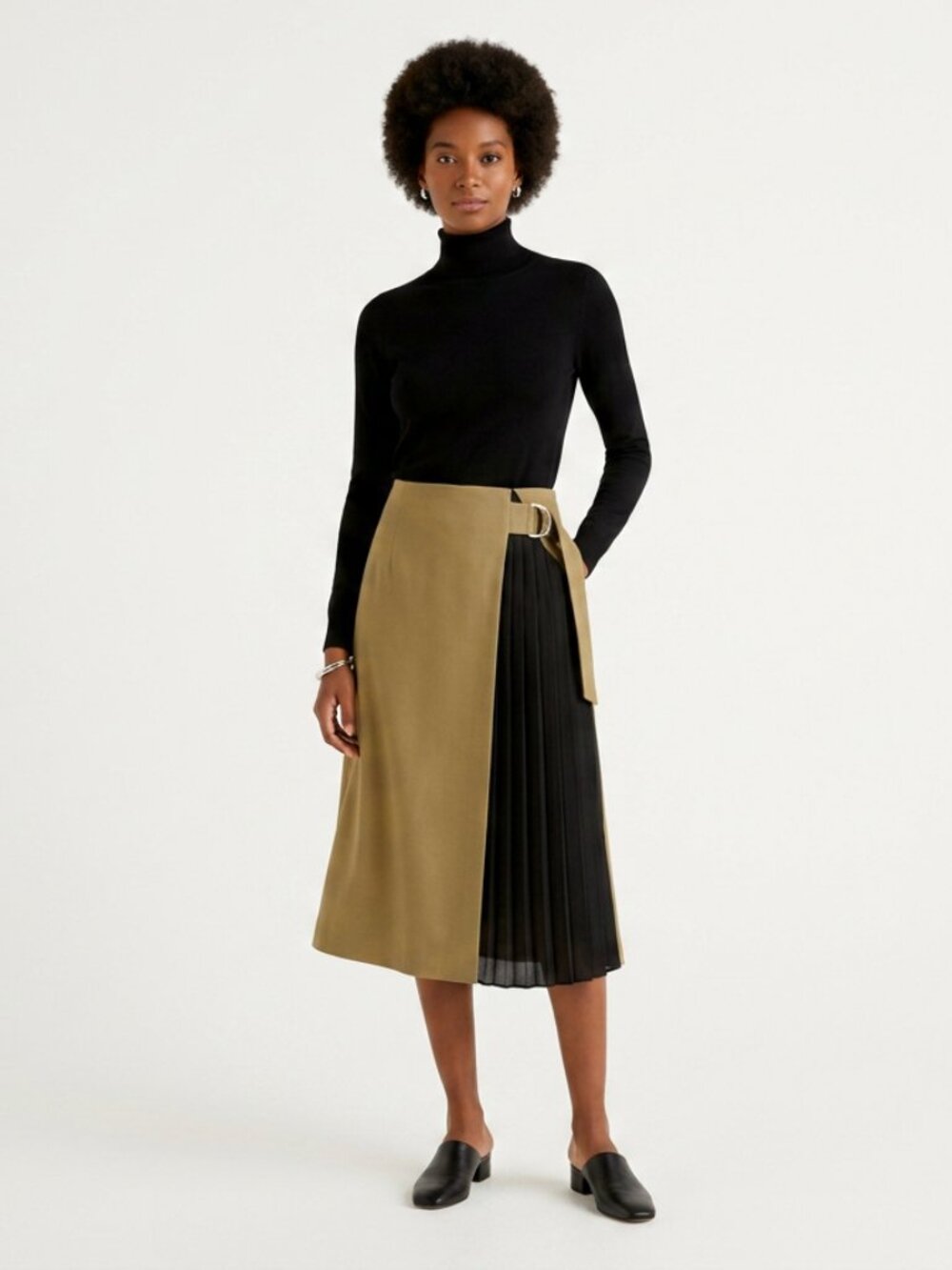 Zara Colorblock Pleated Midi Skirt Women's Small Camel Black Buckle Polyester